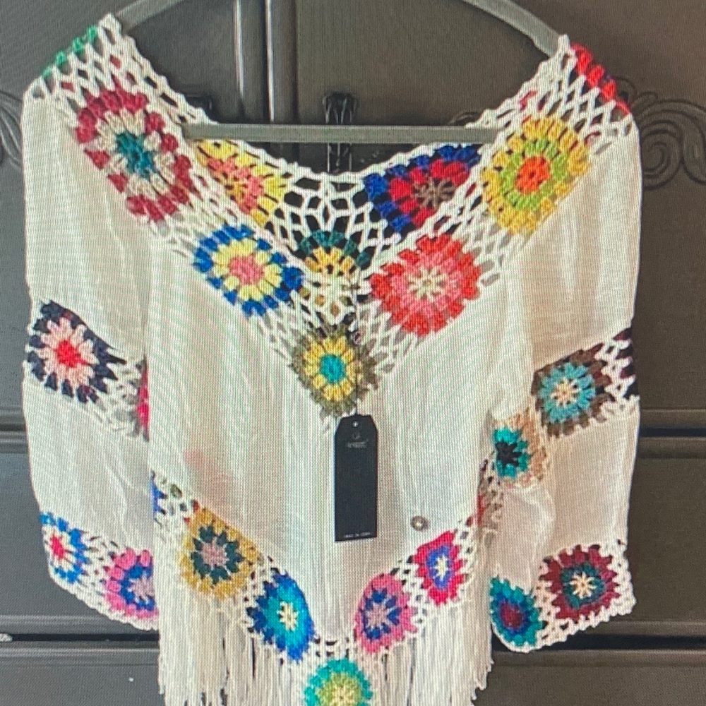 Boho Crochet Accent White Women's Top with Multicolor Floral Squares